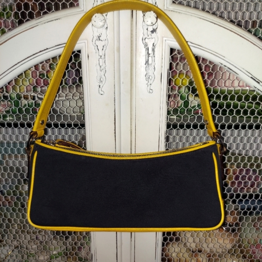 Kate Spade Canvas and Patent Leather Black and Yellow Baggett Shoulder Bag